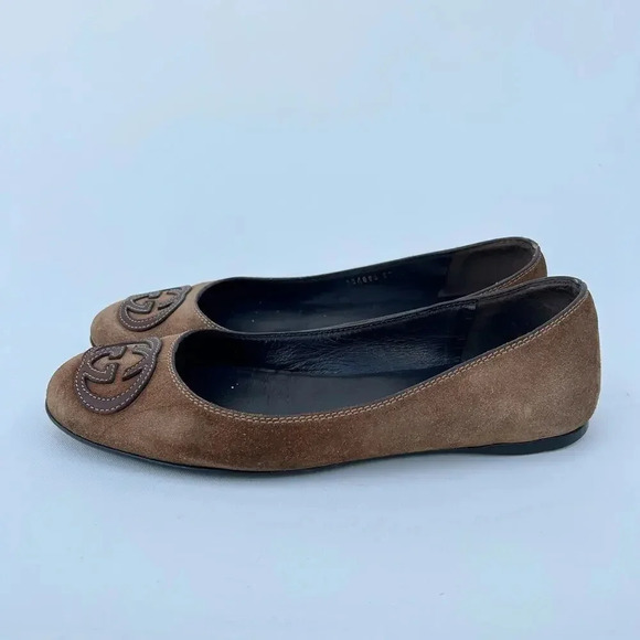 Gucci Interlocking GG Logo Ballet Flats Shoes Brown Suede Slip Ons 7.5 Size 37.5 - Picture 4 of 11